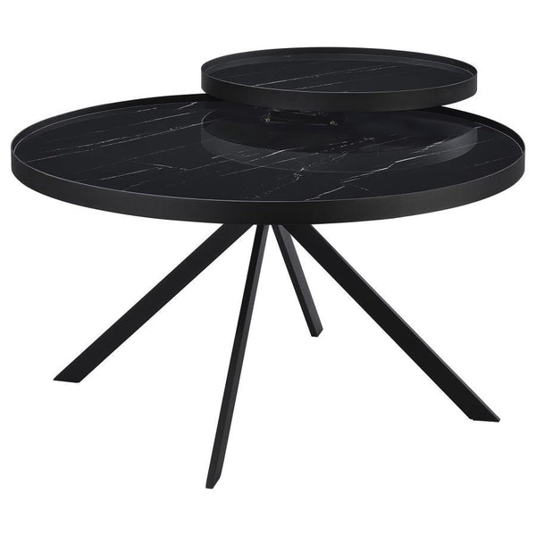 Briggs - Round Marble Printed Glass Top Coffee Table - Black