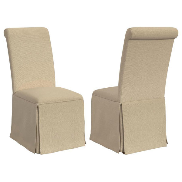 Put a stylish, somewhat formal spin on your dining room decor with a set of two classic parson chairs. Each features a tall back with an armless profile for impeccable comfort and elegance. The chair features plush foam padding, complete with neutral upho