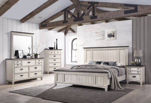  anchors the space with its traditional charm. An integrated footboard ben