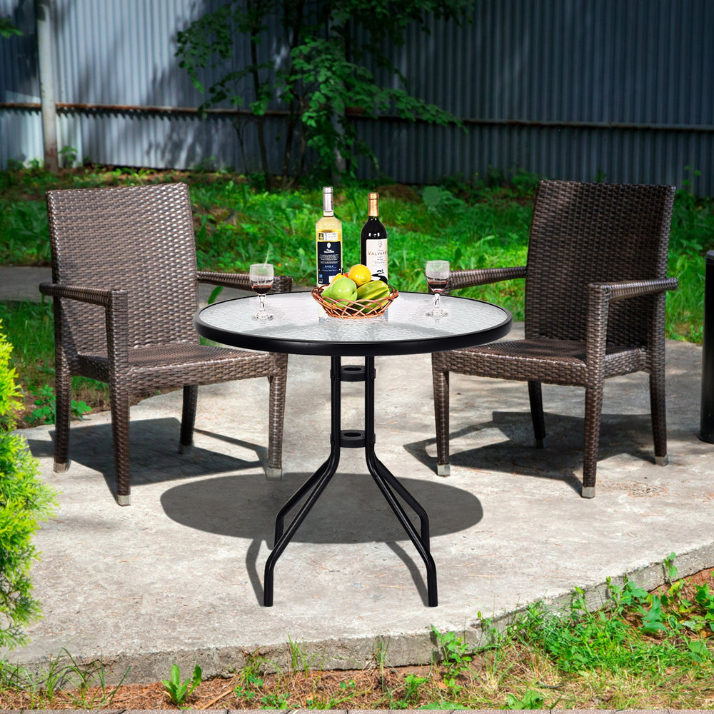 This round table will be your ideal choice if you are looking for a beautiful and practical table. Â  It is made of tempered glass and durable painted steel  which makes this table rust-proof and weather -resistant. Then it is suitable for outdoor and ind