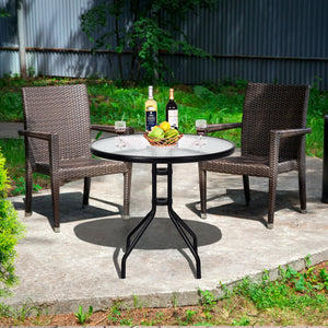 This round table will be your ideal choice if you are looking for a beautiful and practical table. Â  It is made of tempered glass and durable painted steel  which makes this table rust-proof and weather -resistant. Then it is suitable for outdoor and ind