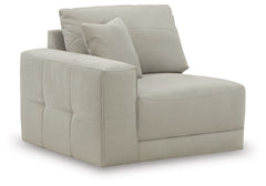 This left-arm facing corner chair is made with faux nubuck leather upholstery. Fully finished on all sides, it pairs with other items in the series to make a modular sectional.<br><br><b>Additional Dimensions</b><br><ul><li>Arm height: 26-"</li><li>Seat d