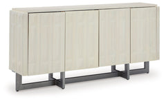 Keep things contemporary cool with the Ornawel accent cabinet. The step pattern on the door fronts lends an appealing geometric touch, with a lightly distressed white finish enriching the design. Touch latch doors open to reveal two shelves for all your s