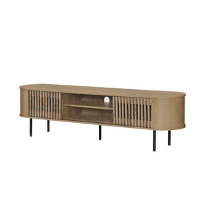The Brax 70" TV Console with Sliding Doors in Natural Beige combines sturdy, eco-friendly construction with ample storage and modern style. Crafted from manufactured wood and covered in durable, environmentally friendly decorative laminate, this console i