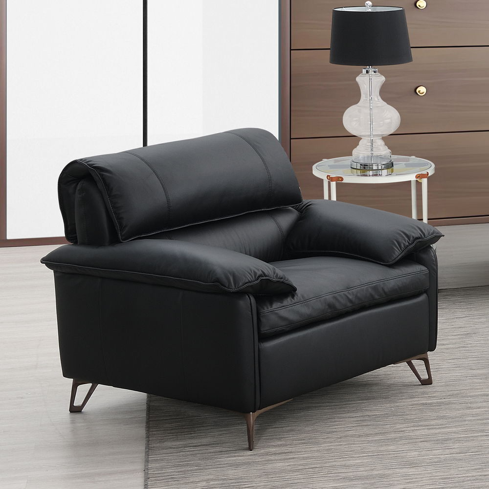 The Eilene sofa offers a luxurious blend of style and comfort with its black top grain leather upholstery. Full foam cushioning and a wooden inner frame provide robust support. Complemented by sleek aluminum legs, this sofa promises durability and modern 