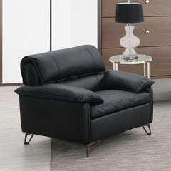 The Eilene sofa offers a luxurious blend of style and comfort with its black top grain leather upholstery. Full foam cushioning and a wooden inner frame provide robust support. Complemented by sleek aluminum legs, this sofa promises durability and modern 