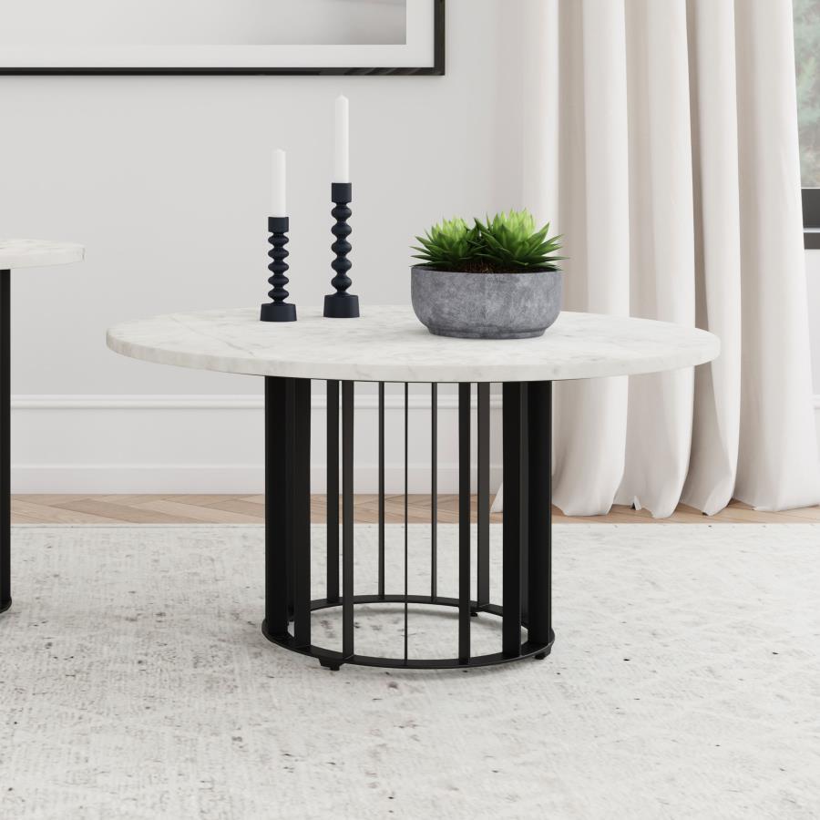 This round coffee table showcases a perfect blend of modern design and functionality with a 31-inch diameter genuine marble top and sturdy iron base. The bold, open vertical rod design gives the table a striking yet minimalist appeal. Its spacious marble 