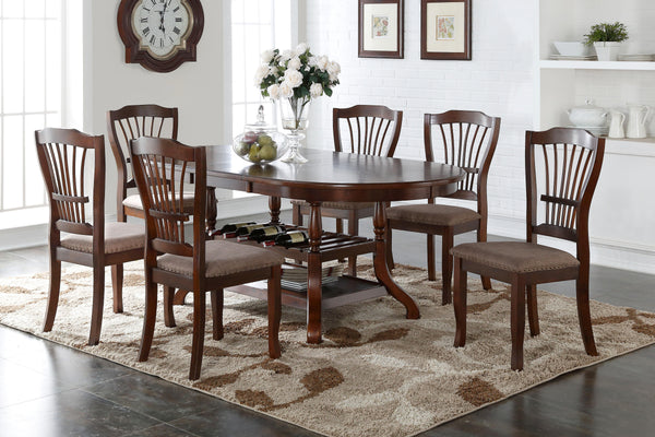 The Bixby 7 Piece Wood Dining Room Set, complete with an oval dining table and six side chairs, is a blend of durability, elegance, and functionality. Expertly crafted from solid Rubberwood, manufactured woods, and real wood veneers, this set is built to 