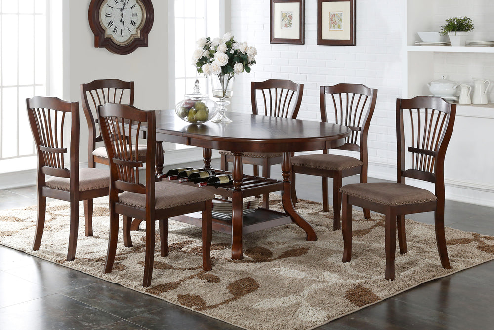 The Bixby 7 Piece Wood Dining Room Set, complete with an oval dining table and six side chairs, is a blend of durability, elegance, and functionality. Expertly crafted from solid Rubberwood, manufactured woods, and real wood veneers, this set is built to 