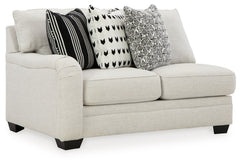 This left-arm facing loveseat is made with polyester/linen/viscose upholstery. Pairs with other items in the series to make a sectional.<br><br><b>Additional Dimensions</b><br><ul><li>Arm height: 27-"</li><li>Seat depth: 23-"</li><li>Seat height: 21-"</li