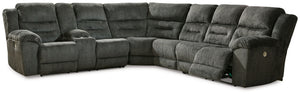 Positively plush fabric joins forces with one-touch power reclining to create this sectional. Its scale is impressive. And its style? Contemporary chic. Richly neutral upholstery keeps the look decidedly on trend. This sectional makes cozy comfort and a c