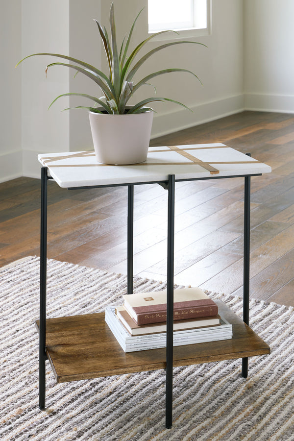  this accent table is uniquely versatile. Its luxe white marble top is decorated with wood inlay