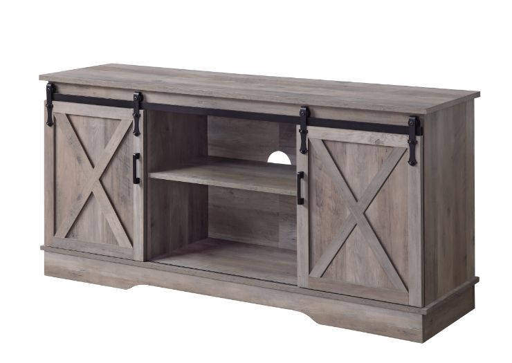 Enjoy a warm and cozy family TV time with this cottage-style TV satnd. The rustic casegood has two sliding barn doors with classic Z overlay and pull handles. Metal sliding hardware is coated with black finish, providing smooth operatin and chic look. Two