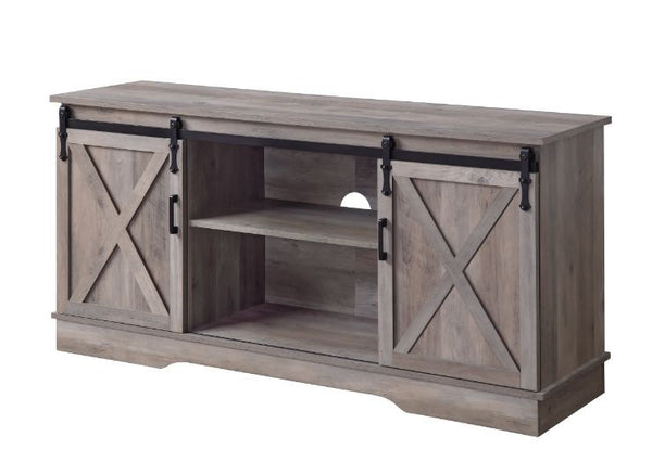 Enjoy a warm and cozy family TV time with this cottage-style TV satnd. The rustic casegood has two sliding barn doors with classic Z overlay and pull handles. Metal sliding hardware is coated with black finish, providing smooth operatin and chic look. Two
