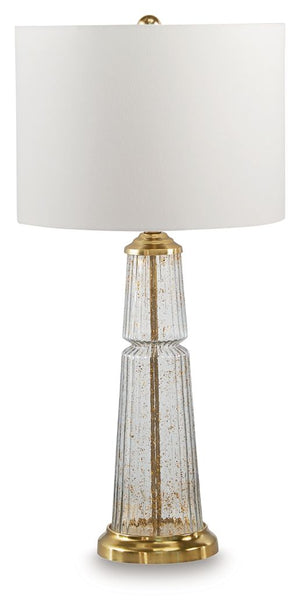 The lighter side of traditional style. We love how the sheer simplicity of this lamp-'s clear fluted glass infused with subtle goldtone flecks creates a beautiful blend of timeless design. An instant classic, it-'s perfect for a cozy reading nook or a sty