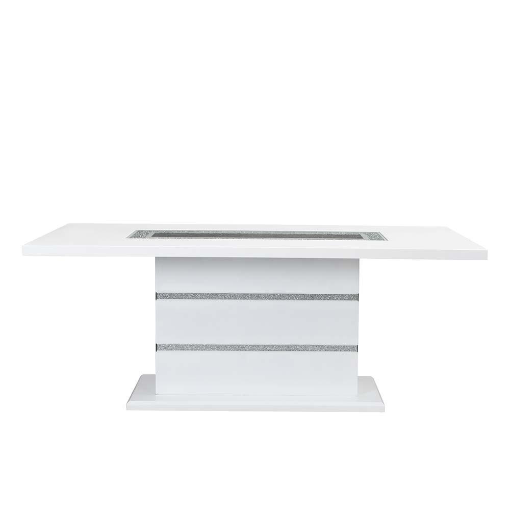 Marvelous and glamorous, the Elizaveta dining table is one to leave guests speechless. Featuring horizontal stripes of embedded faux crystals on the base that glimmer from every angle. The beautiful tabletop is just as impressive, with the same faux diamo