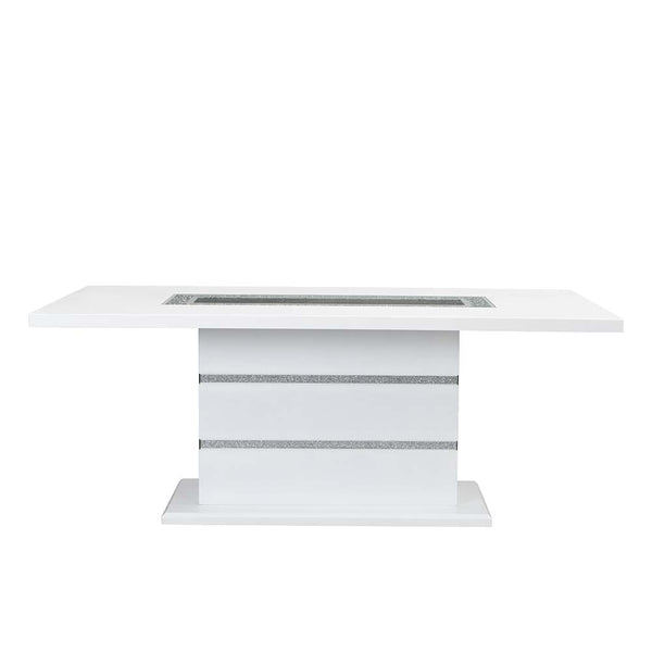  the Elizaveta dining table is one to leave guests speechless. Featuring horizontal stripes of embedded faux crystals on the base that glimmer from every angle. The beautiful tabletop is just as impressive