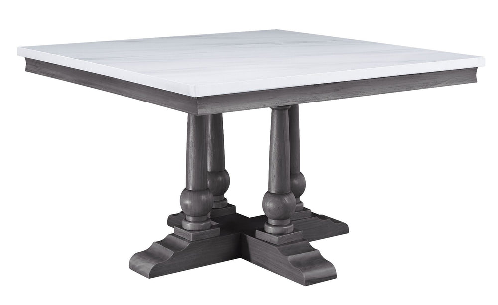 Taking on a classic-inspired architecture design, the dining table has a pedestal base which gives its tabletop both sturdy and elegant support. The square tabletop in white artificial marble highlights its clean lines and complements the gray oak finish 