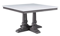 Taking on a classic-inspired architecture design, the dining table has a pedestal base which gives its tabletop both sturdy and elegant support. The square tabletop in white artificial marble highlights its clean lines and complements the gray oak finish 
