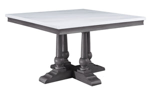 Taking on a classic-inspired architecture design, the dining table has a pedestal base which gives its tabletop both sturdy and elegant support. The square tabletop in white artificial marble highlights its clean lines and complements the gray oak finish 
