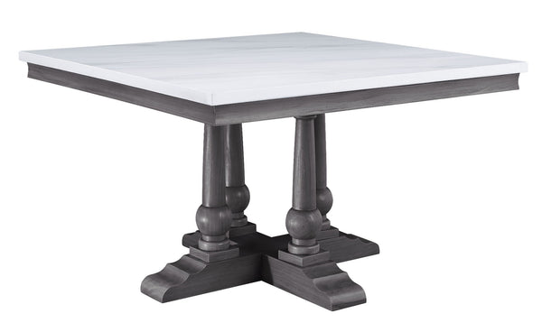 Taking on a classic-inspired architecture design, the dining table has a pedestal base which gives its tabletop both sturdy and elegant support. The square tabletop in white artificial marble highlights its clean lines and complements the gray oak finish 