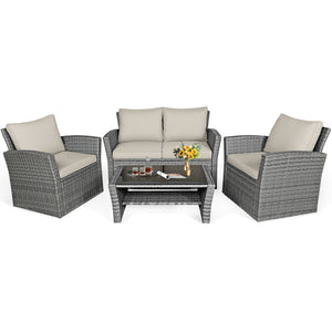 Includes 2 armchairs  1 loveseat and 1 coffee table for versatile use<br>Sturdy power coated steel frame provides strong durability and stability<br>Thick tempered glass tabletop to hold your drinks  meals and more<br>Coffee table with a spacious shelf pr