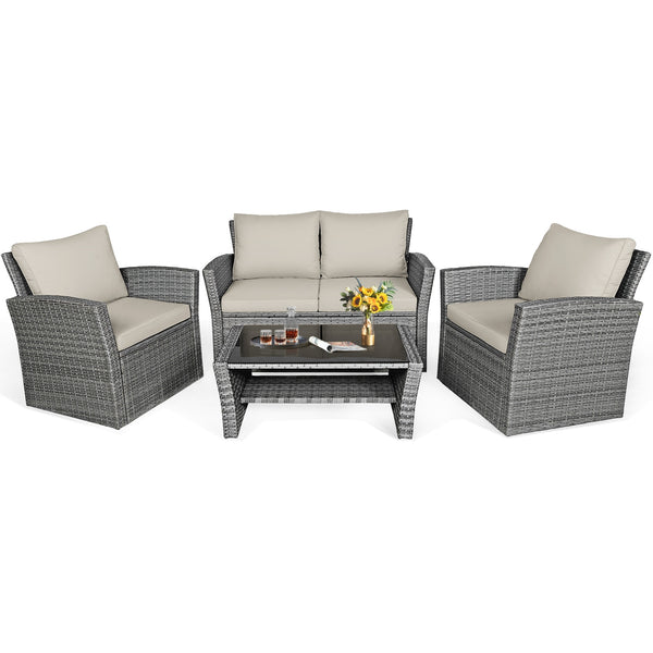 Includes 2 armchairs  1 loveseat and 1 coffee table for versatile use<br>Sturdy power coated steel frame provides strong durability and stability<br>Thick tempered glass tabletop to hold your drinks  meals and more<br>Coffee table with a spacious shelf pr
