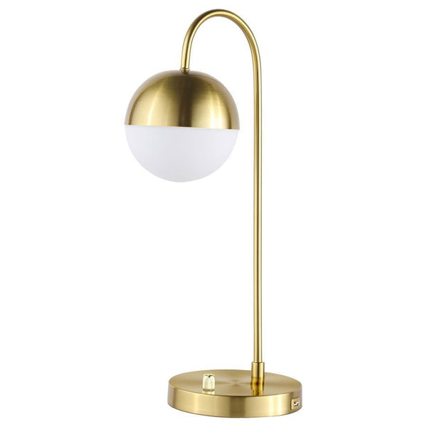 Hints of vintage design infuse a modern table lamp with appealing charm. Great for a desk or side table, the lamp features a slim J-hook arm and round base for a classic stance that delivers diffuse illumination for tasks and ambiance. Its domed metal sha