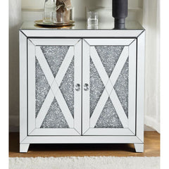 Assembled, Rectangular Console Table â€¢ Storage: 2 Doors (No Shelves Inside) â€¢ Features: Mirrored Finish w/Faux Diamonds & Clear Glass, Mirrored Tapered Leg â€¢â€¢ CONSTRUCTION â€¢â€¢ Mirrored Case Frame: 4mm Beveled Mirror, MDF