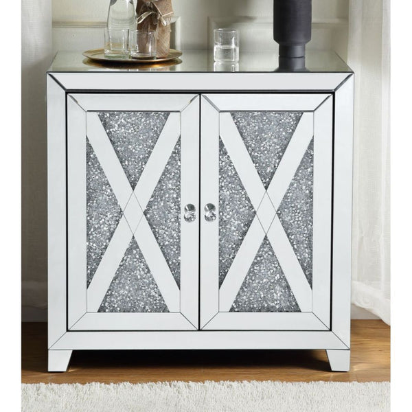 Assembled, Rectangular Console Table â€¢ Storage: 2 Doors (No Shelves Inside) â€¢ Features: Mirrored Finish w/Faux Diamonds & Clear Glass, Mirrored Tapered Leg â€¢â€¢ CONSTRUCTION â€¢â€¢ Mirrored Case Frame: 4mm Beveled Mirror, MDF