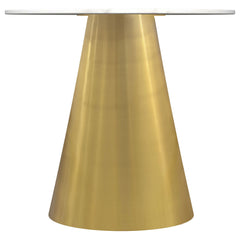 This elegant side table embodies sculpted grace with its luxurious white marble top. The round silhouette creates a refined, sophisticated spot for refreshments or decorative accents. Beneath, the metal pedestal base features a gleaming gold finish, infus
