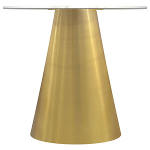 This elegant side table embodies sculpted grace with its luxurious white marble top. The round silhouette creates a refined, sophisticated spot for refreshments or decorative accents. Beneath, the metal pedestal base features a gleaming gold finish, infus