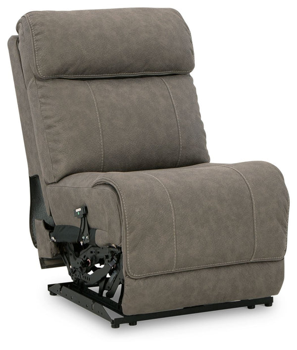 This power armless recliner is made with faux leather upholstery. Pairs with other items in the series to make a sectional.<br><br><b>Additional Dimensions</b><br><ul><li>Seat depth: 22-"</li><li>Seat height: 21-"</li><li>Fully reclined length: 69-"</li><