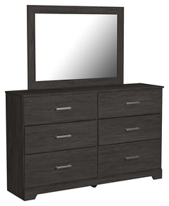 With its clean-lined look and modern attitude, this dresser and mirror is a fresh style awakening. Warm charcoal hue over replicated oak grain easily complements other furniture finishes. Smooth drawer fronts with antiqued pewter-tone handles completes th