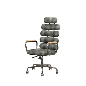 KD, Executive Arm Office Chair (High Back) â€¢ Seat: Swivel (360 Degrees), Adjustable Height (Pneumatic Lift) â€¢ Padded Back & Seat: Top Grain Leather Cushion, Backrest: 5 Horizontal Panels â€¢ 5-Star Base w/Casters: Metal Base â€¢ Armrest: Wood with Met