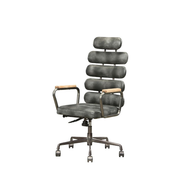 KD, Executive Arm Office Chair (High Back) â€¢ Seat: Swivel (360 Degrees), Adjustable Height (Pneumatic Lift) â€¢ Padded Back & Seat: Top Grain Leather Cushion, Backrest: 5 Horizontal Panels â€¢ 5-Star Base w/Casters: Metal Base â€¢ Armrest: Wood with Met