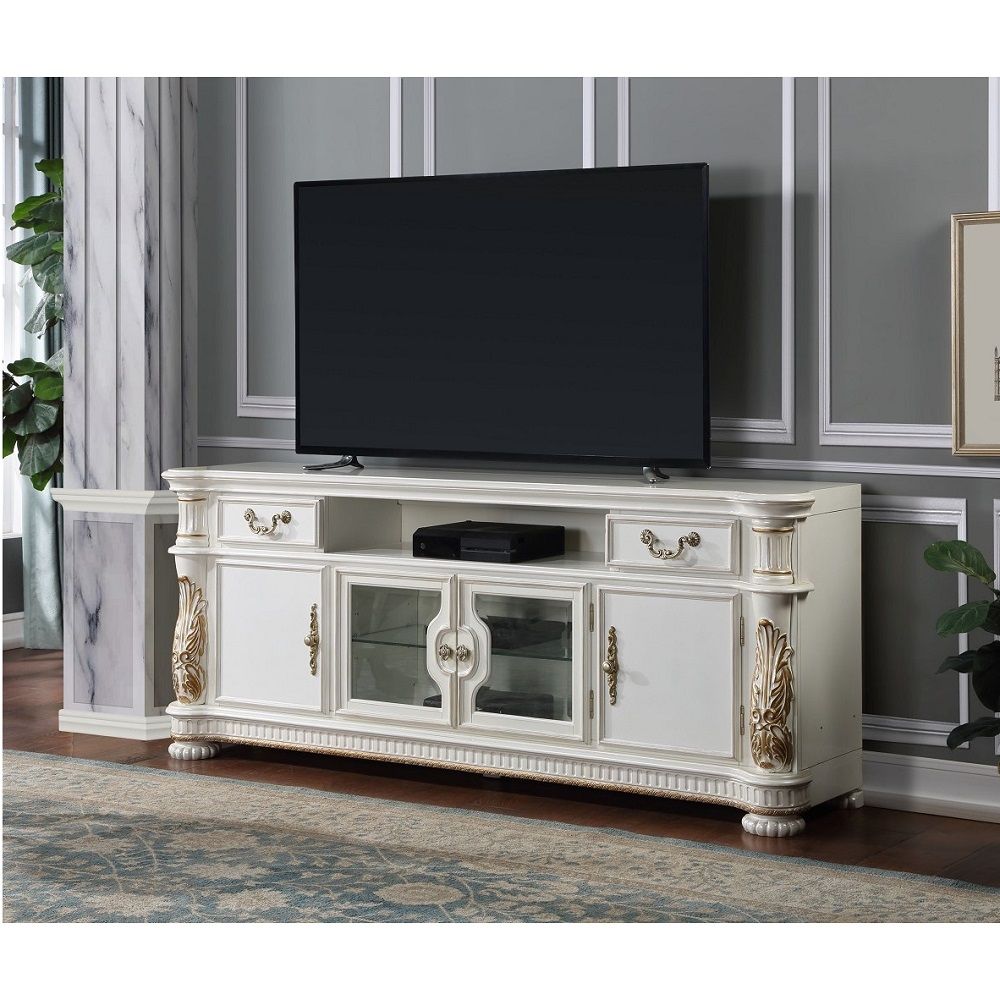 Rectangular TV Stand with 2 Drw, Media Compartment & 4 Doors with Shelf Inside (2 Side Wooden & 2 Center Glass) Cord mgmt (Back Panel with Pre-Cut Hole) Fluted Base Trim & Pumpkin Bun Leg