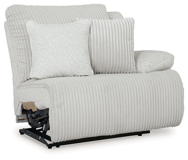 This right-arm facing power recliner is made with polyester upholstery. Pairs with other items in the series to make a sectional.<br><br><b>Additional Dimensions</b><br><ul><li>Arm height: 26-"</li><li>Seat depth: 23-"</li><li>Seat height: 20-"</li><li>Fu