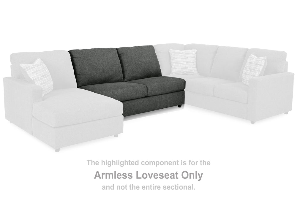 This armless loveseat is made with polyester upholstery. Pairs with other items in the series to make a sectional.<br><br><b>Additional Dimensions</b><br><ul><li>Seat height: 19-"</li><li>Top of cushion to top of back: 20-"</li><li>Leg height: 2.25-"</li>