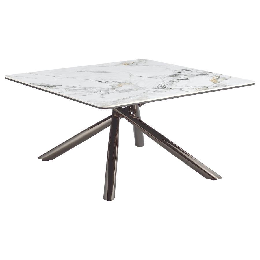 This sleek coffee table artfully balances luxurious textures and modern design. Its sintered stone top layer, set above black tempered glass, combines elegance and durability, while the steel asterisk base finished in black nickel electroplating adds a re
