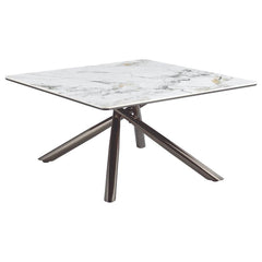 This sleek coffee table artfully balances luxurious textures and modern design. Its sintered stone top layer, set above black tempered glass, combines elegance and durability, while the steel asterisk base finished in black nickel electroplating adds a re