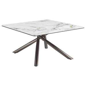 This sleek coffee table artfully balances luxurious textures and modern design. Its sintered stone top layer, set above black tempered glass, combines elegance and durability, while the steel asterisk base finished in black nickel electroplating adds a re