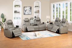 The Breckenridge Leather 3-Piece Power Reclining Set in Gray offers luxury, comfort, and function. It includes a power reclining sofa, console loveseat, and glider recliner, crafted from durable hardwood and manufactured woods. Top-grain leather on seats,