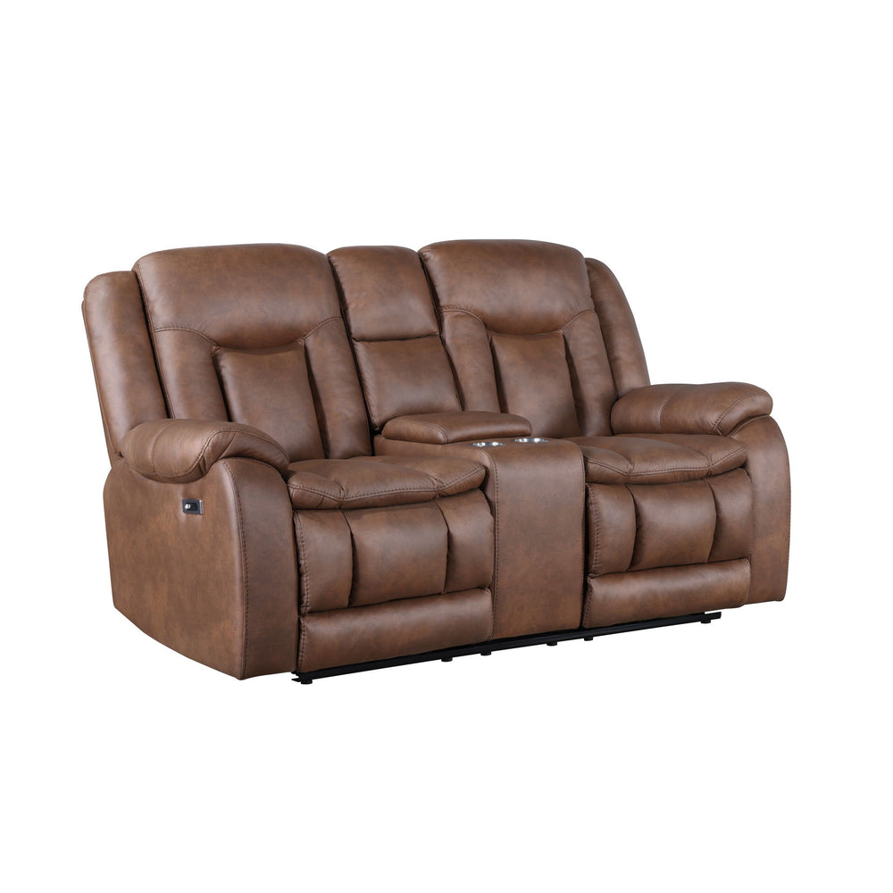 The Morello Power Recliner Console Loveseat in Brown is an ideal choice for enhancing your living space with both style and comfort. This power console loveseat is upholstered in sumptuously soft 100% polyester fabric in a saddle brown color, mimicking th