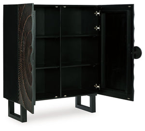  open to reveal two shelves. A distressed black finish adds contemporary flair. Whether this cabinet is accommodatin