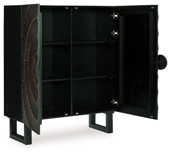  open to reveal two shelves. A distressed black finish adds contemporary flair. Whether this cabinet is accommodatin