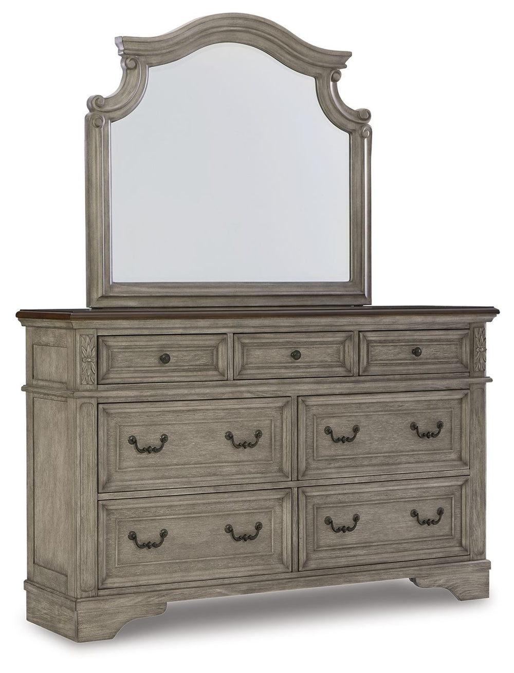 Cottage quaint styling and quality construction make this dresser with mirror a dream come true. A two-tone finish provides rustic warmth, with an antiqued gray body and a rich, deep walnut on the top. The framed drawer fronts, ornately shaped mirror and 