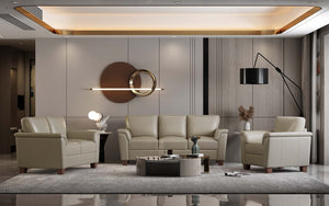 Find your mid-century modern style with the beautiful mid-century-inspired Bennie Collection. Upholstered in beautiful white leather, these pieces become even more appealing through the years. The Bennie sofa completes your living space with its deep seat