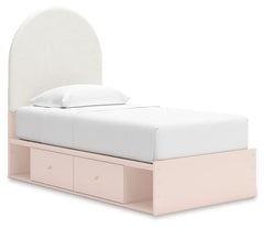 Pretty in pink. This twin upholstered panel bed with storage keeps the spirit of your homeâ€™s modern aesthetic while suiting all your young oneâ€™s needs. Its cozy-cute upholstery and subtle blush finish bring a playful, charming vibe to bedtime. Made fo