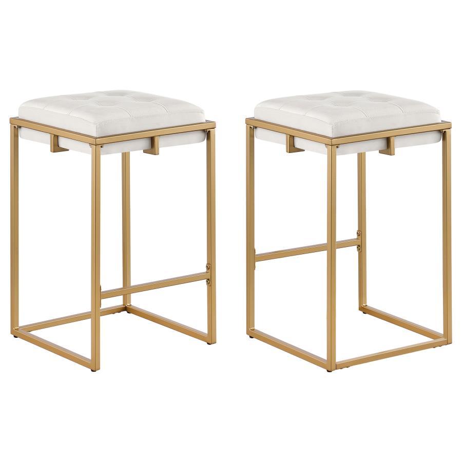 Sleek and sophisticated, these two modern glam stools offer a refreshingly chic style for bars and countertops. Slim, gold metal frames embrace the foam padded cushion, offering a comfy place to rest as you unwind and converse with guests and family. The 